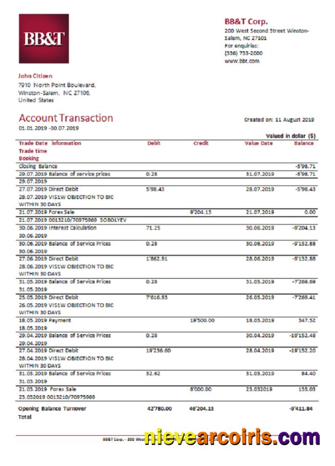USA BB&T Corp. bank statement easy to fill in .xls and .pdf file format